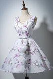 New A Line V Neck  Printed Fabric White Mini Prom Cute Dress Homecoming Dresses For Party