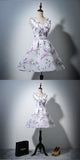 New A Line V Neck  Printed Fabric White Mini Prom Cute Dress Homecoming Dresses For Party