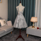 New Arrival A Line Grey Lace Knee Length Cheap Prom Dress Homecoming Dresses For Party