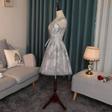 New Arrival A Line Grey Lace Knee Length Cheap Prom Dress Homecoming Dresses For Party