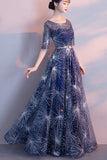 New Arrival Navy Blue Lace Half Sleeves Long Prom Dresses Evening Graduation Dress For Party