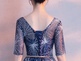 New Arrival Navy Blue Lace Half Sleeves Long Prom Dresses Evening Graduation Dress For Party
