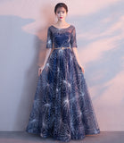 New Arrival Navy Blue Lace Half Sleeves Long Prom Dresses Evening Graduation Dress For Party