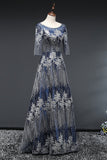 New 3/4 Long Sleeves Silver Sequin Navy Blue Prom Dresses Evening Graduation Dress Party