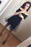 Off the Shoulder Short Sleeves Black Tulle Short Prom Homecoming Dresses Graduation Dress