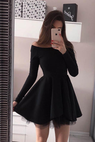 Simple Long Sleeves Black Off the Shoulder Mini Prom Homecoming Dresses Graduation Dress
