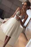 V Neck Spaghetti Straps Silver Sequin Ivory Tulle Homecoming Dresses Short Prom Hoco Dress