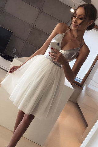 V Neck Spaghetti Straps Silver Sequin Ivory Tulle Homecoming Dresses Short Prom Hoco Dress