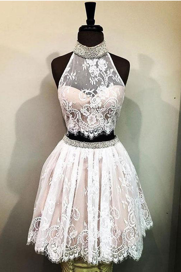 Two Pieces High Neck White Lace Pink Homecoming Dresses Short Prom Graduation Hoco Dress