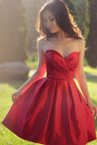 A Line Strapless Red Satin Elegant Cheap Homecoming Dresses Short Prom Graduation Hoco Dress