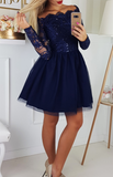 Long Sleeves Navy Blue Lace Off the Shoulder Homecoming Dresses Short Prom Hoco Dress