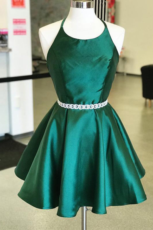 Simple Open Back Halter Green Satin Cute Homecoming Dresses Short Prom Hoco Dress
