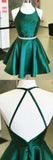 Simple Open Back Halter Green Satin Cute Homecoming Dresses Short Prom Hoco Dress