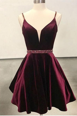 Burgundy Deep V Neck Spaghetti Straps Beaded Homecoming Dresses Short Prom Hoco Dress