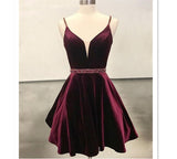 Burgundy Deep V Neck Spaghetti Straps Beaded Homecoming Dresses Short Prom Hoco Dress