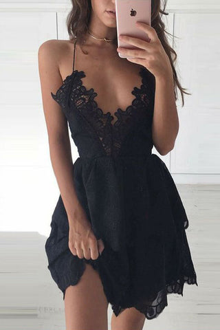 Sexy V Neck Spaghetti Straps Black Lace See Through Homecoming Dresses Short Hoco Dress