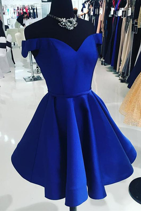 A Line Royal Blue Satin Cheap Simple Homecoming Dresses Short Prom Hoco Dress