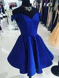 A Line Royal Blue Satin Cheap Simple Homecoming Dresses Short Prom Hoco Dress