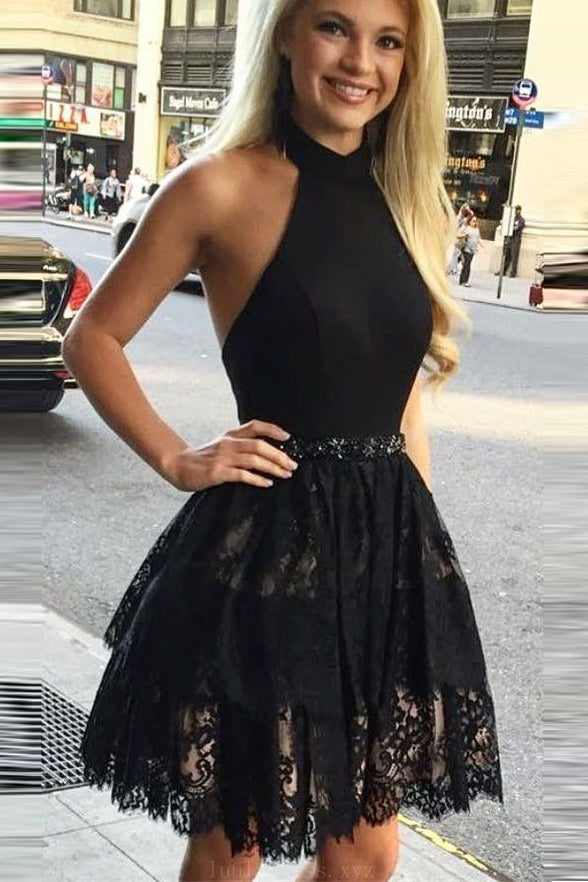 A Line Off the Shoulder Halter Black Lace Short Prom Homecoming Dresses
