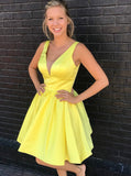 Elegant A Line V Neck Yellow Satin Short Prom Homecoming Dresses Hoco Dress Party