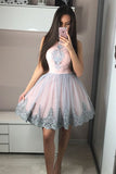 A Line Grey Lace Appliques Pink Short Prom Homecoming Dresses