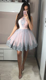 A Line Grey Lace Appliques Pink Short Prom Homecoming Dresses