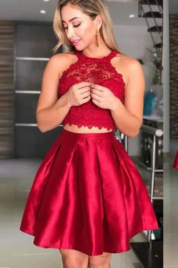 2 Piece Off the Shoulder High Neck Red Lace Short Prom Homecoming Dresses