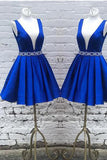 Sexy Deep V Neck Royal Blue Beaded Mini Length Prom Homecoming Dresses Hoco Dress