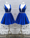 Sexy Deep V Neck Royal Blue Beaded Mini Length Prom Homecoming Dresses Hoco Dress