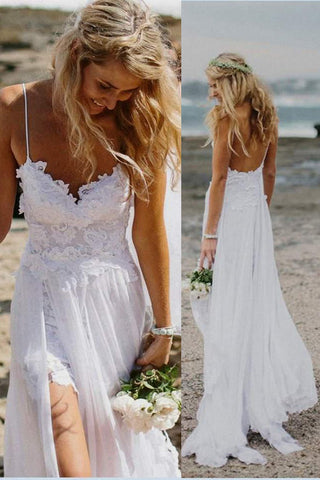 White Backless Lace Spaghetti Straps Slit Beach Bridal Wedding Dress