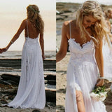 White Backless Lace Spaghetti Straps Slit Beach Bridal Wedding Dress