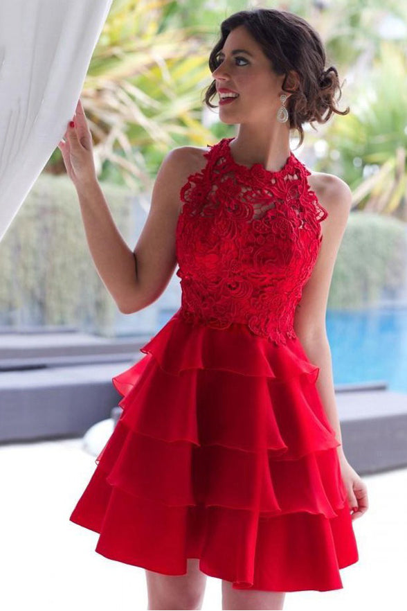 High Neck Red Lace Tiered Skirt Homecoming Dresses Short Prom Hoco Graduation Gowns