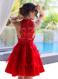 High Neck Red Lace Tiered Skirt Homecoming Dresses Short Prom Hoco Graduation Gowns