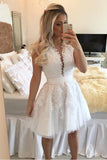 White Lace Appliques Deep V Neck Beaded See Through Homecoming Dresses Short Prom Hoco Dress