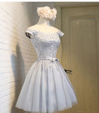 Short Sleeves Cute Dress Grey Lace Off the Shoulder Homecoming Dresses Short Prom Hoco Gown