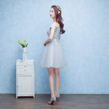 Short Sleeves Cute Dress Grey Lace Off the Shoulder Homecoming Dresses Short Prom Hoco Gown