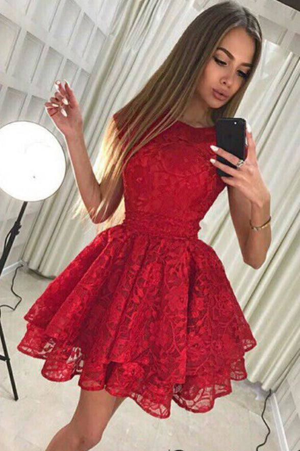 Chic Dark Red Lace Tiered Skirt A Line Simple Homecoming Dresses Short Prom Hoco Dress