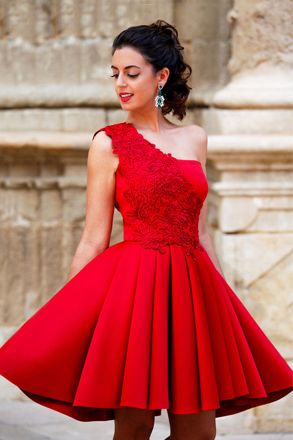 New Arrival One Shoulder Red Lace Short Homecoming Dresses Prom Graduation Dress