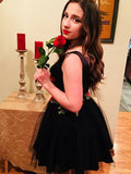 Deep V Neck Appliques Black A Line Short Homecoming Dresses Prom Graduation Dress