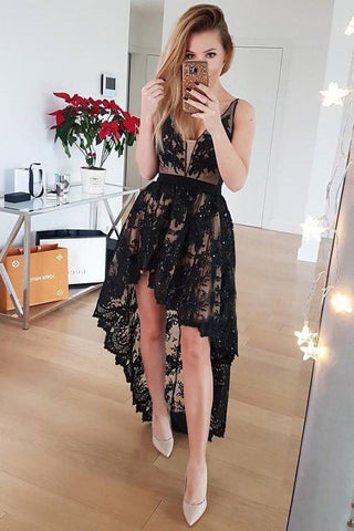 Front Short Long Back Black Lace V Neck Homecoming Dresses Prom Graduation Dress