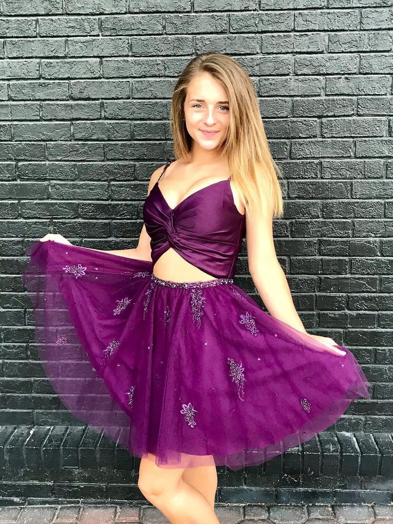 Sexy Purple Homecoming Dresses Short Spaghetti Straps Lace Appliques Prom Hoco Dress