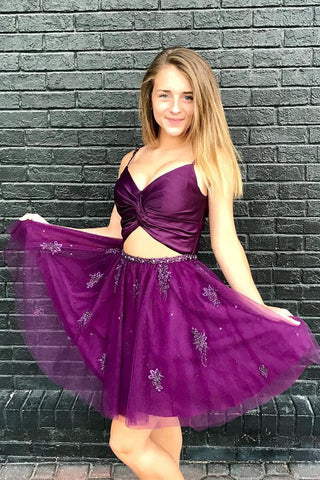 Sexy Purple Homecoming Dresses Short Spaghetti Straps Lace Appliques Prom Hoco Dress