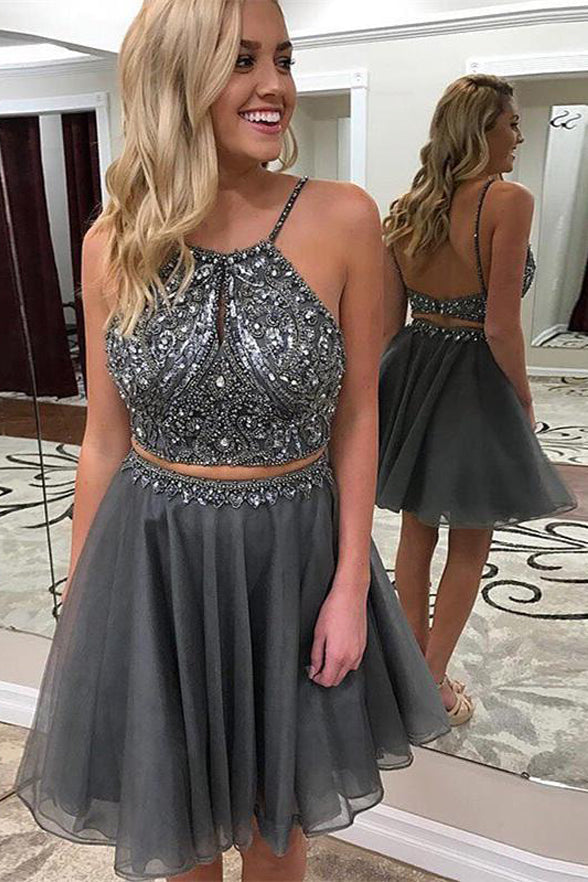 Open Back 2 Pieces Homecoming Dresses Short Spaghetti Straps Beaded Grey Prom Hoco Dress