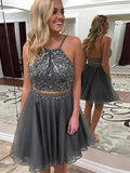 Open Back 2 Pieces Homecoming Dresses Short Spaghetti Straps Beaded Grey Prom Hoco Dress