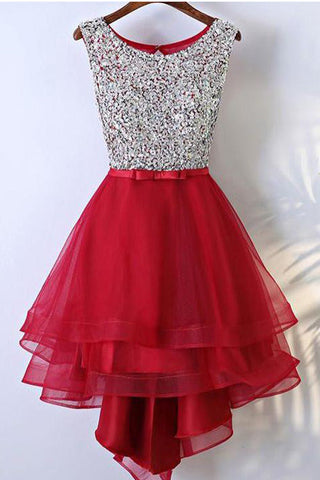 High Low Red Homecoming Dresses Silver Sequin Front Short Long Back Prom Hoco Dress