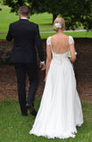 Cap Sleeves Open Back Ivory Lace Elegant Beach Bridal Wedding Dress