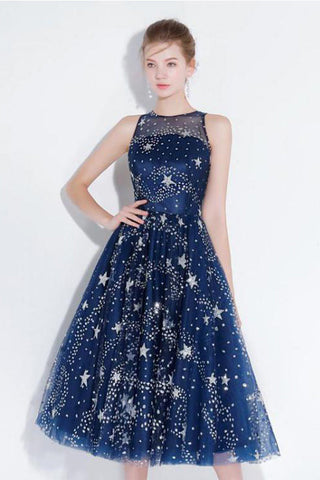 New Arrival Navy Blue Lace Homecoming Dresses Tea Length See Through Cheap Prom Party Dress