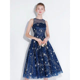 New Arrival Navy Blue Lace Homecoming Dresses Tea Length See Through Cheap Prom Party Dress