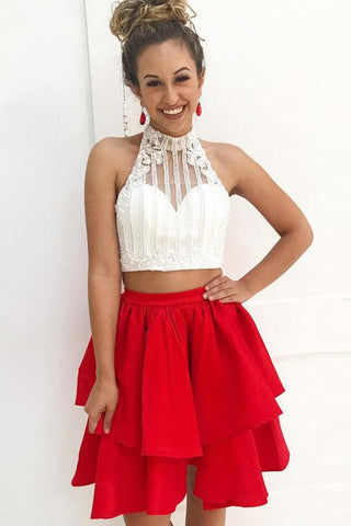 Sexy Two Pieces Homecoming Dresses Short White Red Beaded Open Back Prom Hoco Dress