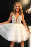 New White Homecoming Dresses Short V Neck Spaghetti Straps Tiered Pearls Prom Hoco Dress